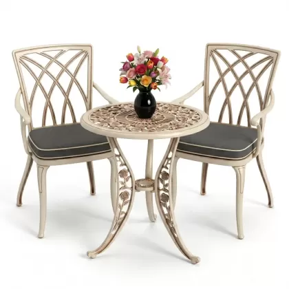 Kollu ferforje alüminyum masa sandalye seti beyaz eskitme