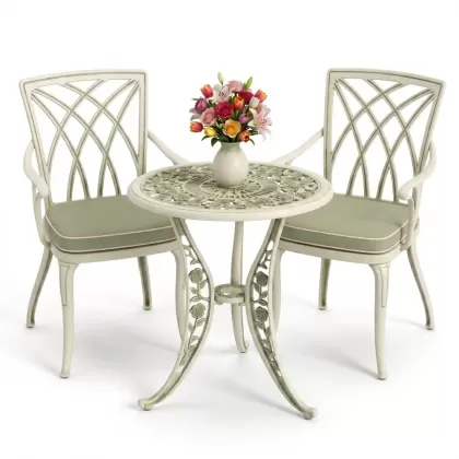 Kollu ferforje alüminyum masa sandalye seti beyaz yeşil patina