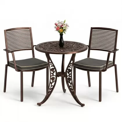 Koolu döküm 2 sandalye ferforje yuvarlak masa balkon takımı bakır eskitme