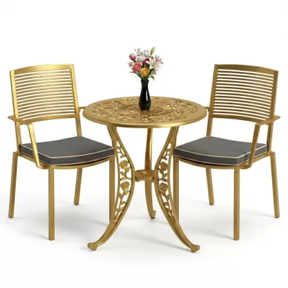 Koolu döküm 2 sandalye ferforje yuvarlak masa balkon takımı gold