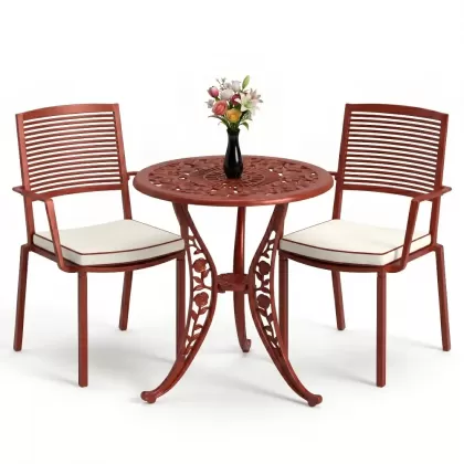 Koolu döküm 2 sandalye ferforje yuvarlak masa balkon takımı kırmızı kiremit