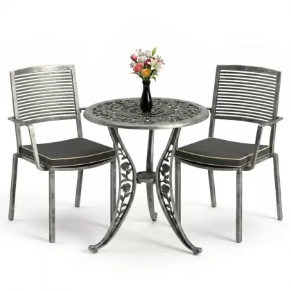Koolu döküm 2 sandalye ferforje yuvarlak masa balkon takımı silver gümüş