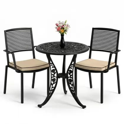 Koolu döküm 2 sandalye ferforje yuvarlak masa balkon takımı siyah