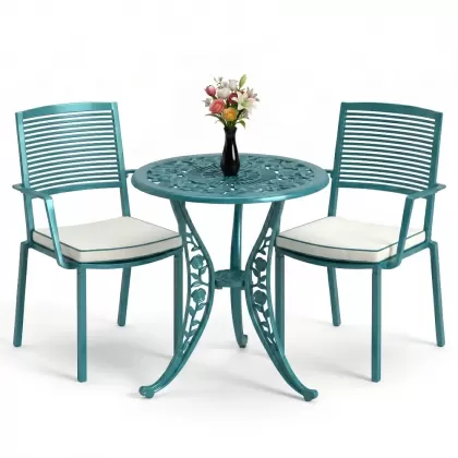 Koolu döküm 2 sandalye ferforje yuvarlak masa balkon takımı turkuaz