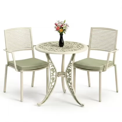 Koolu döküm 2 sandalye ferforje yuvarlak masa balkon takımı yeşil beyaz patina