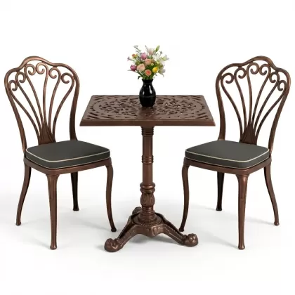 Kolsuz tavuskuşu motifli sandalye alüminyum döküm kare tek ayak masa seti bakır eskitme