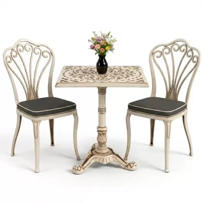 Kolsuz tavuskuşu motifli sandalye alüminyum döküm kare tek ayak masa seti beyaz eskitme