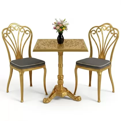 Kolsuz tavuskuşu motifli sandalye alüminyum döküm kare tek ayak masa seti gold altın