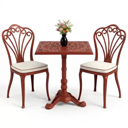 Kolsuz tavuskuşu motifli sandalye alüminyum döküm kare tek ayak masa seti kiremit kırmızı