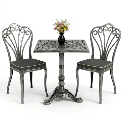 Kolsuz tavuskuşu motifli sandalye alüminyum döküm kare tek ayak masa seti gümüş silver