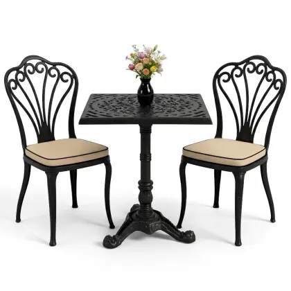 Kolsuz tavuskuşu motifli sandalye alüminyum döküm kare tek ayak masa seti siyah