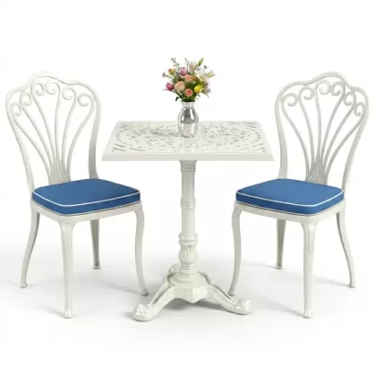 Kolsuz tavuskuşu motifli sandalye alüminyum döküm kare tek ayak masa seti beyaz