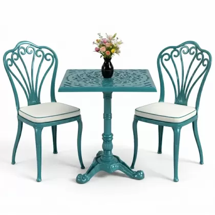 Kolsuz tavuskuşu motifli sandalye alüminyum döküm kare tek ayak masa seti  turkuaz