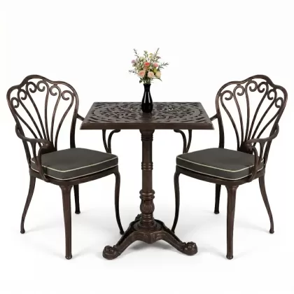 Kollu tavuskuşu motifli sandalye Tek ayak döküm ferforje masa seti bakır eskitme