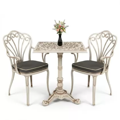 Kollu tavuskuşu motifli sandalye Tek ayak döküm ferforje masa seti beyaz eskitme