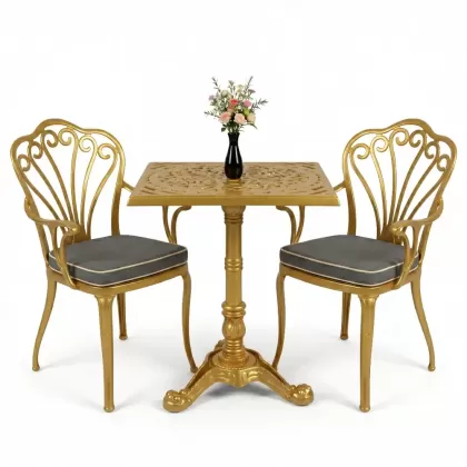 Kollu tavuskuşu motifli sandalye Tek ayak döküm ferforje masa seti gold altın