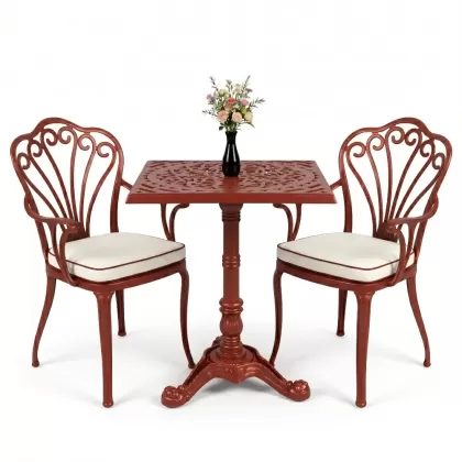 Kollu tavuskuşu motifli sandalye Tek ayak döküm ferforje masa seti kiremit kırmızı