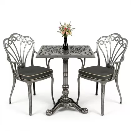 Kollu tavuskuşu motifli sandalye Tek ayak döküm ferforje masa seti silver gümüş