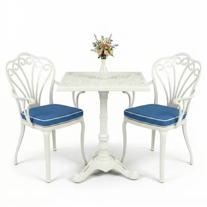 Kollu tavuskuşu motifli sandalye Tek ayak döküm ferforje masa seti beyaz