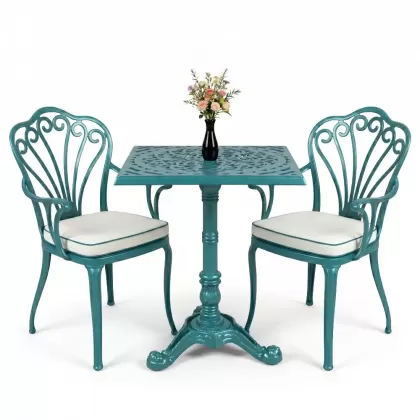Kollu tavuskuşu motifli sandalye Tek ayak döküm ferforje masa seti turkuaz