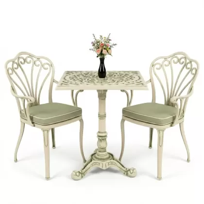 Kollu tavuskuşu motifli sandalye Tek ayak döküm ferforje masa seti yeşil beyaz patina