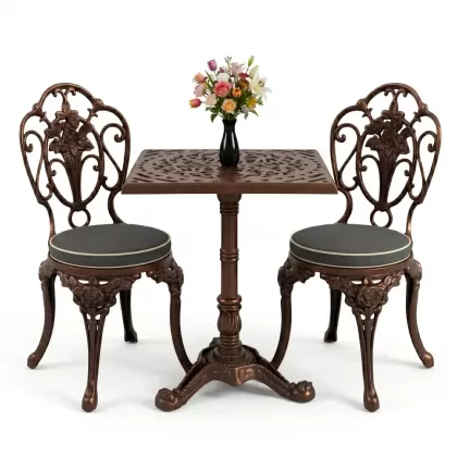 Kollu güllü alüminyum döküm ferforje sandalye ve kare tek ayak masa seti bakır eskitme