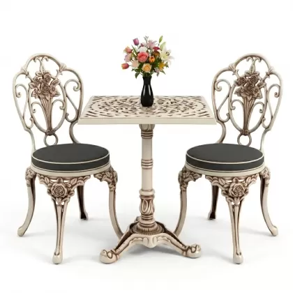 Kollu güllü alüminyum döküm ferforje sandalye ve kare tek ayak masa seti beyaz eslitme