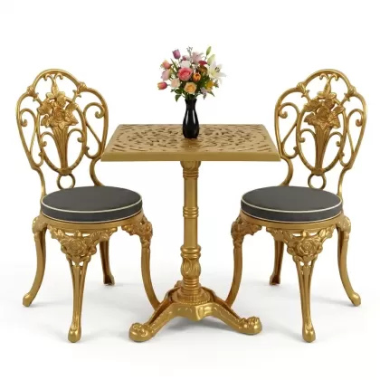 Kollu güllü alüminyum döküm ferforje sandalye ve kare tek ayak masa seti gold altın
