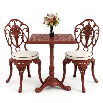 Kollu güllü alüminyum döküm ferforje sandalye ve kare tek ayak masa seti kiremit kırmızısı