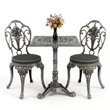 Kollu güllü alüminyum döküm ferforje sandalye ve kare tek ayak masa seti platin silver gümüş