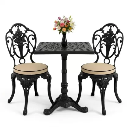Kollu güllü alüminyum döküm ferforje sandalye ve kare tek ayak masa seti siyah