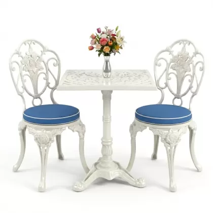 Kollu güllü alüminyum döküm ferforje sandalye ve kare tek ayak masa seti beyaz
