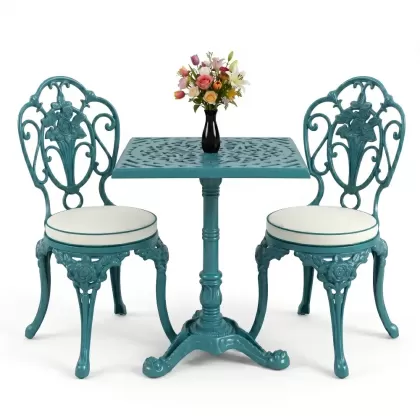 Kollu güllü alüminyum döküm ferforje sandalye ve kare tek ayak masa seti turkuaz