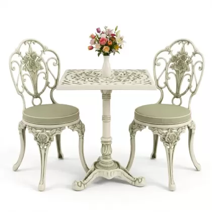 Kollu güllü alüminyum döküm ferforje sandalye ve kare tek ayak masa seti yeşil beyaz patina