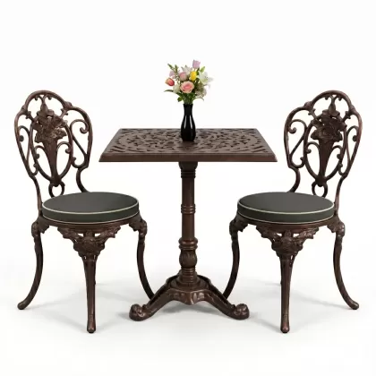 Gül motifli alüminyum döküm sandalye tek ayak kare masa seti bakır eskitme