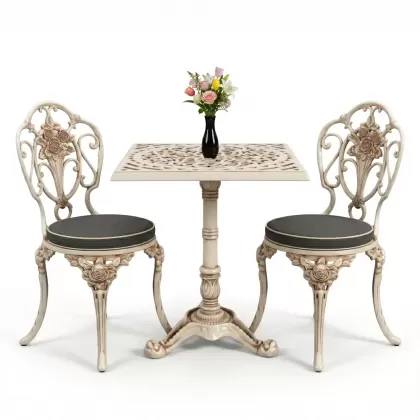 Gül motifli alüminyum döküm sandalye tek ayak kare masa seti beyaz eskitme