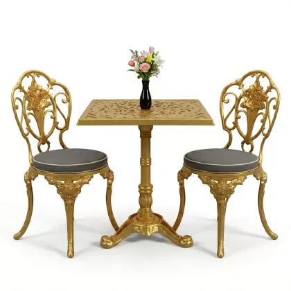 Gül motifli alüminyum döküm sandalye tek ayak kare masa seti gold altın