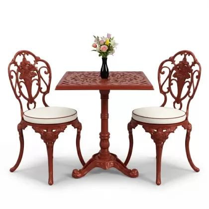 Gül motifli alüminyum döküm sandalye tek ayak kare masa seti kiremit kırmızı