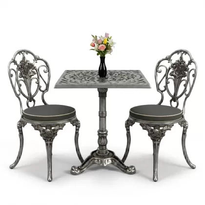 Gül motifli alüminyum döküm sandalye tek ayak kare masa seti silver gümüş