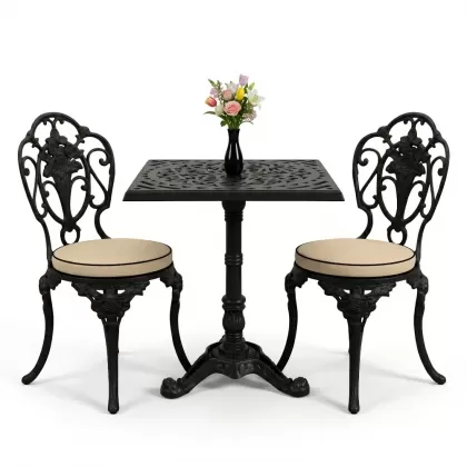 Gül motifli alüminyum döküm sandalye tek ayak kare masa seti siyah