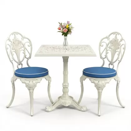 Gül motifli alüminyum döküm sandalye tek ayak kare masa seti beyaz