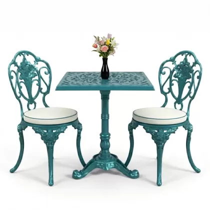 Gül motifli alüminyum döküm sandalye tek ayak kare masa seti turkuaz