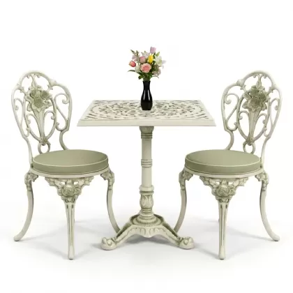 Gül motifli alüminyum döküm sandalye tek ayak kare masa seti yeşil beyaz patina