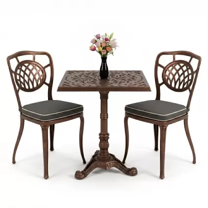 Ay desenli tek ayak masa ferforje döküm sandalye takımı bakır eskitme