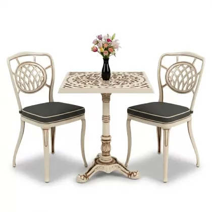 Ay desenli tek ayak masa ferforje döküm sandalye takımı beyaz eskitme