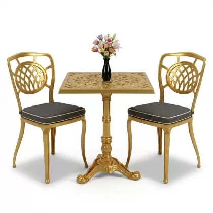 Ay desenli tek ayak masa ferforje döküm sandalye takımı gold altın