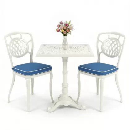 Ay desenli tek ayak masa ferforje döküm sandalye takımı beyaz