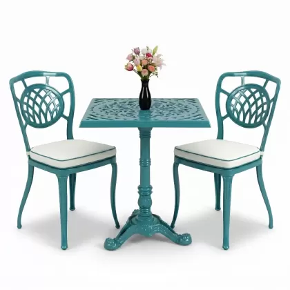 Ay desenli tek ayak masa ferforje döküm sandalye takımı turkuaz