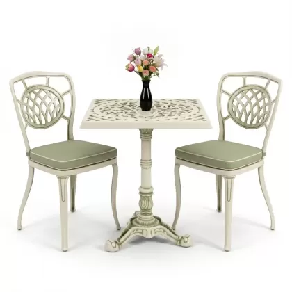 Ay desenli tek ayak masa ferforje döküm sandalye takımı yeşil beyaz patina