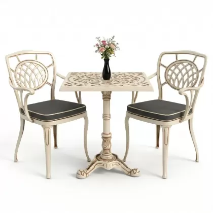 Tek ayak masa sandalye alüminyum döküm ferforje takım beyaz eskitme